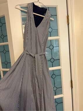 Talbots Navy and White Striped Midi Dress